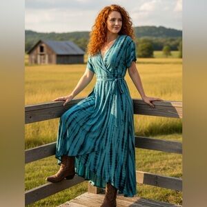 Grace Lace Stretchy Blue Tie Dye Maxi Wrap Dress Size M